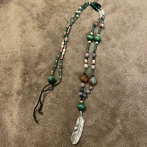 Handmade Long Bohemian Beaded Necklace w Silvertone Feather Centre Drop Charm